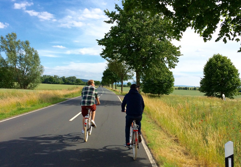 Radfahren über Landstraßen: Zwei Radler auf einer geteerten Straße, an den Straßenrändern grüne Bäume und Felder.
