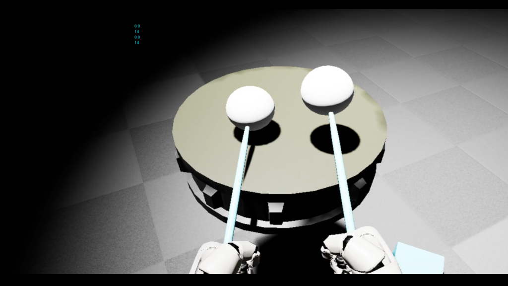 Zwei Roboterhände halten zwei virtuelle Schlagstöckeln über eine virtuelle Trommel.