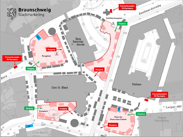Übersicht für den Weihnachtsmarktbesuch: Ein Stadtplan mit eingezeichneten Flächen für Gastronomie sowie die Weihnachtsmarktbuden.